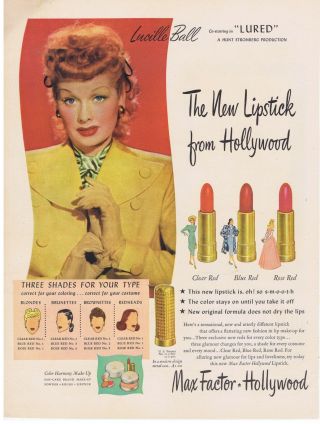 1947 Lucille Ball Max Factor Lipstick " Lured " Movie Print Ad