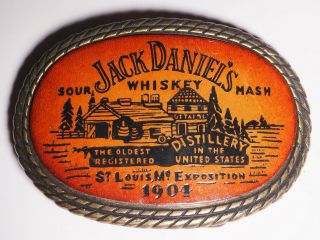 Vintage Jack Daniels Whiskey 1904 Distillery Leather/wood & Brass Belt Buckle Ex