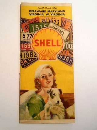 Vintage Shell Road Map 1933 Delaware Maryland Virginia West Va Woman Gasoline