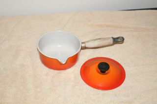 Vintage Le Creuset Flame Orange Wood Handle Sz 14 Cast Iron Saucepan With Lid