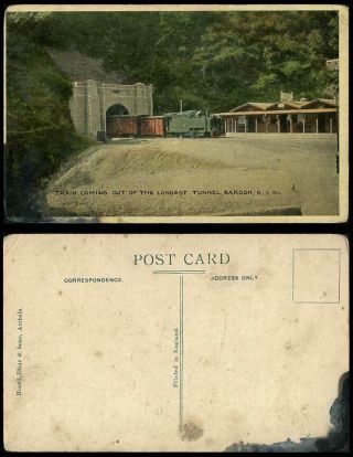 India Old Colour Postcard Locomotive Train Out Of Longest Tunnel Barogh Station