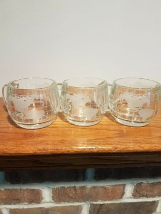 3 Vintage Nestle Nescafe Etched Clear Glass World Globe Map Coffee Mugs/cups