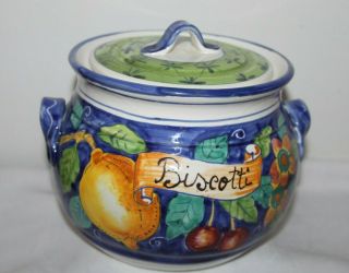 Vintage Biscotti Lidded Ceramic Cookie Jar Hand Painted Fruits & Flowers Italy