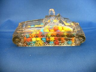 Vintage Clear Glass & Tin Toy Ww Ii Tank Man In Turret Candy Container 1942