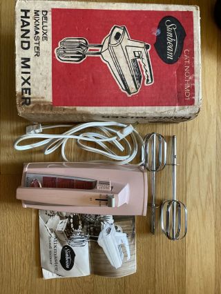 Vintage Sunbeam Mixmaster Hmd - 1 Pink 3 - Speed Handheld Hand Mixer Complete Box