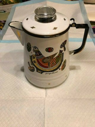Enamelware Coffee Pot Percolator Georges Briard " Chicken&mushrooms " Vintage 50 