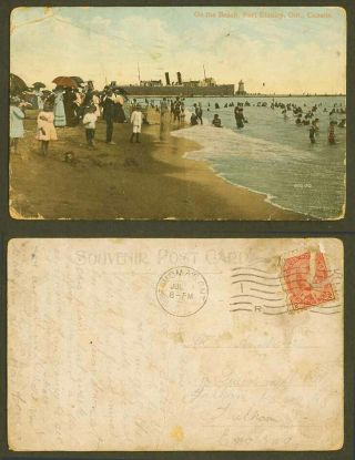 Canada Old Colour Postcard On The Beach Port Stanley Ontario,  Bathers Lighthouse