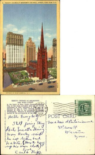 Trinity Church At Broadway And Wall Street Nyc Ny Old Postcard Mailed 1944