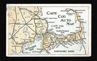 Old Vintage Postcard Of Cape Cod Ma Auto Map