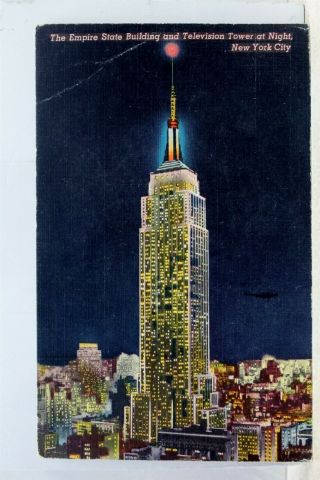 York Ny Nyc Empire State Building Television Tower Night Postcard Old View