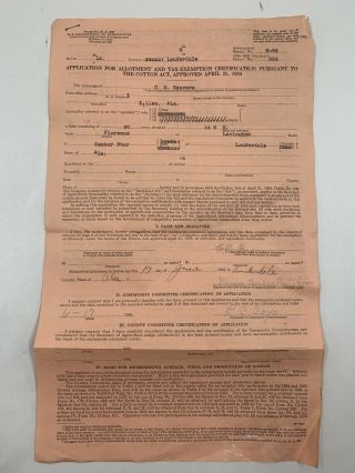 1935 Application For Cotton Allotment Tax - Exemptions Per 1934 Cotton Act,  Form