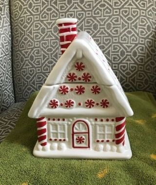 Williams Sonoma Peppermint House Cookie Jar Gingerbread Canister Red White Xmas