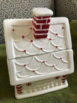 WILLIAMS SONOMA Peppermint House Cookie Jar Gingerbread Canister Red White Xmas 3