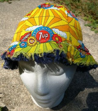 7 Up The Uncola Vintage Hippie Yellow Bucket Hat Cap Reversible Blue White Print