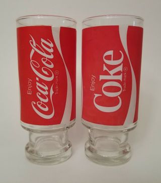 Vintage Coca - Cola Red & White Pedestal Footed Enjoy Coke Glass Cups 2