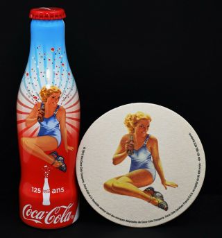 Sexy Pin Up Girl 125th Anniversary Aluminum Coca Cola Bottle & Coaster Set