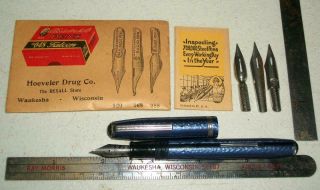 Vintage Blue Esterbrook Fountain Pen With Extra Nibs And Advertisng For Nibs