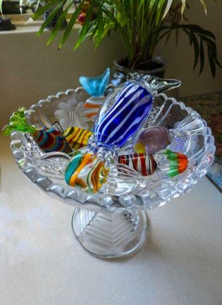Murano Large Glass Lollies On A Cut Glass Pedestal Dish - Made In Italy