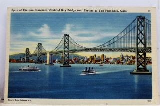 California Ca San Francisco Oakland Bay Bridge Skyline Postcard Old Vintage Card