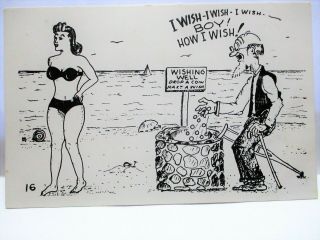 1950s Risque Postcard Old Man At Wishing Well,  Sexy Girl Bikini - Boy How I Wish