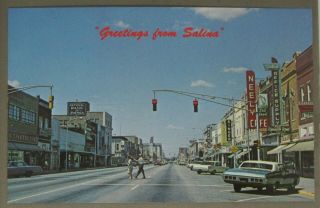 Santa Fe Street - Salina,  Kansas Postcard - Old Signs And Cars.