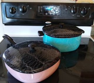 50s Serendipity Cookware Spaghetti String Enamel Cast Iron Set 2 Pots And Lids