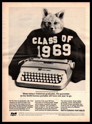 1964 Smith Corona Typewriter Quick Brown Fox Class Of 1969 Sweatshirt Print Ad