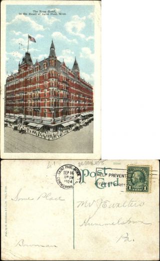 Ryan Hotel Saint Paul Minnesota Mn Vintage Cars Mailed 1924 Old Postcard