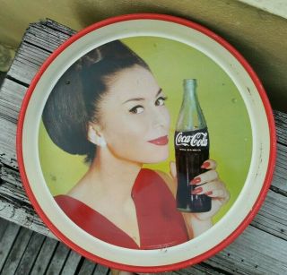Vtg 1966 Mexican Coca Cola Soda Tin 13 " Tray Lady & Bottle Tome Coca Cola Mexico