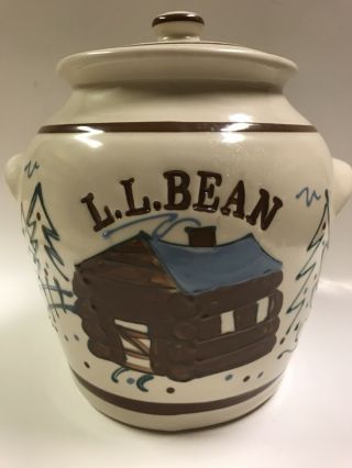 L.  L.  Bean Log Cabin Stoneware Crock Cookie Jar Storage Canister