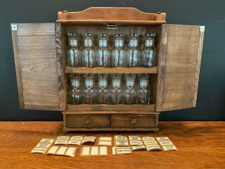 Vintage Wooden Spice Rack Cabinet With 12 Clear Glass Bottles & Labels