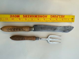 Vintage Wooden Carved Bread Knife And Bread Fork Knife Engraved