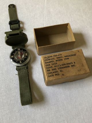 Vintage Korean War Us Army Wrist Compass 1949 Fee & Stemwedel Chicago W/orig Box