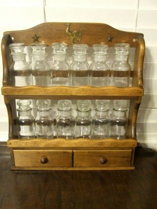 Vintage Wooden Spice Rack 2 Tier With 12 Bottles Rooster & Star Accent