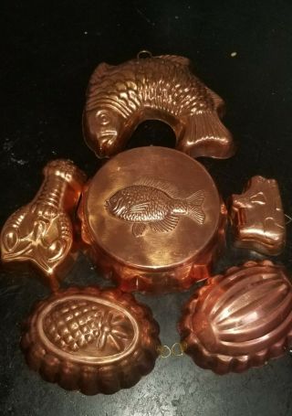 Vintage Solid Copper Molds With Tin Lining,  Set Of 6,  With Hooks For Hanging