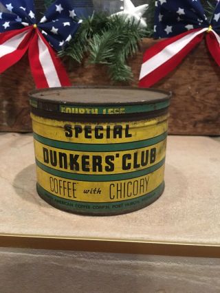 Vintage Antique Dunker’s Club Coffee Tin Can Correct Lid North American Michigan