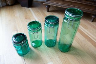 Vintage Green 12 Panel Apothecary Glass Jar Wire Bail Kitchen Storage Containers