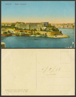Malta 1918 Old Colour Postcard Bighi Hospital Panorama General View Boat Medical
