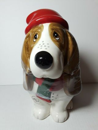 Pioneer Woman Holiday Charlie Cookie Jar Basset Hound Dog Hat Scarf 11 "