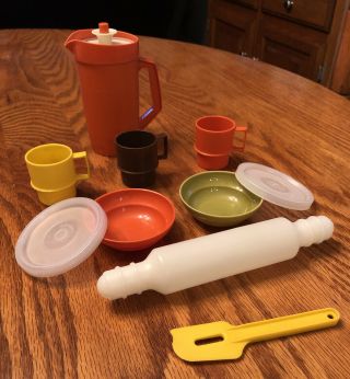 Vintage Tupperware Toys Kids Mini Orange Pitcher 3 Cups And 2 Bowls With Lids