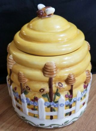 Deb Strain Beehive Picket Fence Bee Cookie Jar Ceramic Canister Heartfelt Garden