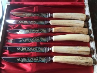 Vtg Anton Wingen Stainless Germany 6pc Etched Stag/horn Handle Knife Set Box