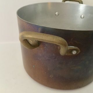 Vintage (set Of 2) Copper Tin Lined Sauce Stock Pot Pans Brass Handles 7” 6.  5”