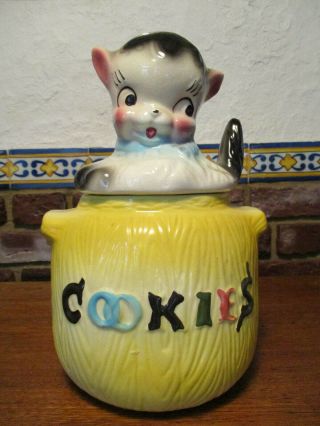 Vintage Ceramic Kitten Kitty Cat Cookie Jar Yellow Gray White Blue & Pink 12 "