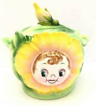 Vtg Cookie Jar Sunflower Face Yellow Cabbage Rose Anthropomorphic Py Miyao