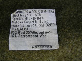 Us M1934 Wool Blanket 1951 Date Korean War Army Nos With Tag Mohawk Carpet Mills