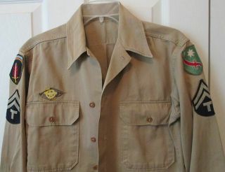 Vintage Us Army Khaki Shirt Stand Up Collar 5 Patches Korean War