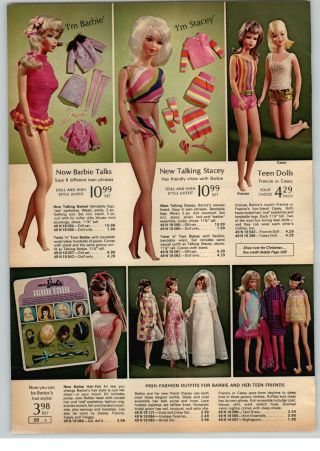 1968 Paper Ad 2 Pg Barbie Stacey Doll Hair Fair Fashion Gowns Carry Play Cases