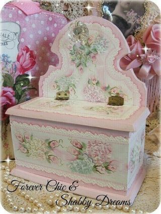 Vintage Shabby Pink Roses Cottage Handpainted Hydrangeas & Lace Box