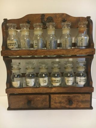 Gail Craft Vintage Wooden Spice Rack 13 X 11.  5 /2 Shelves 12 Bottles & 2 Drawers